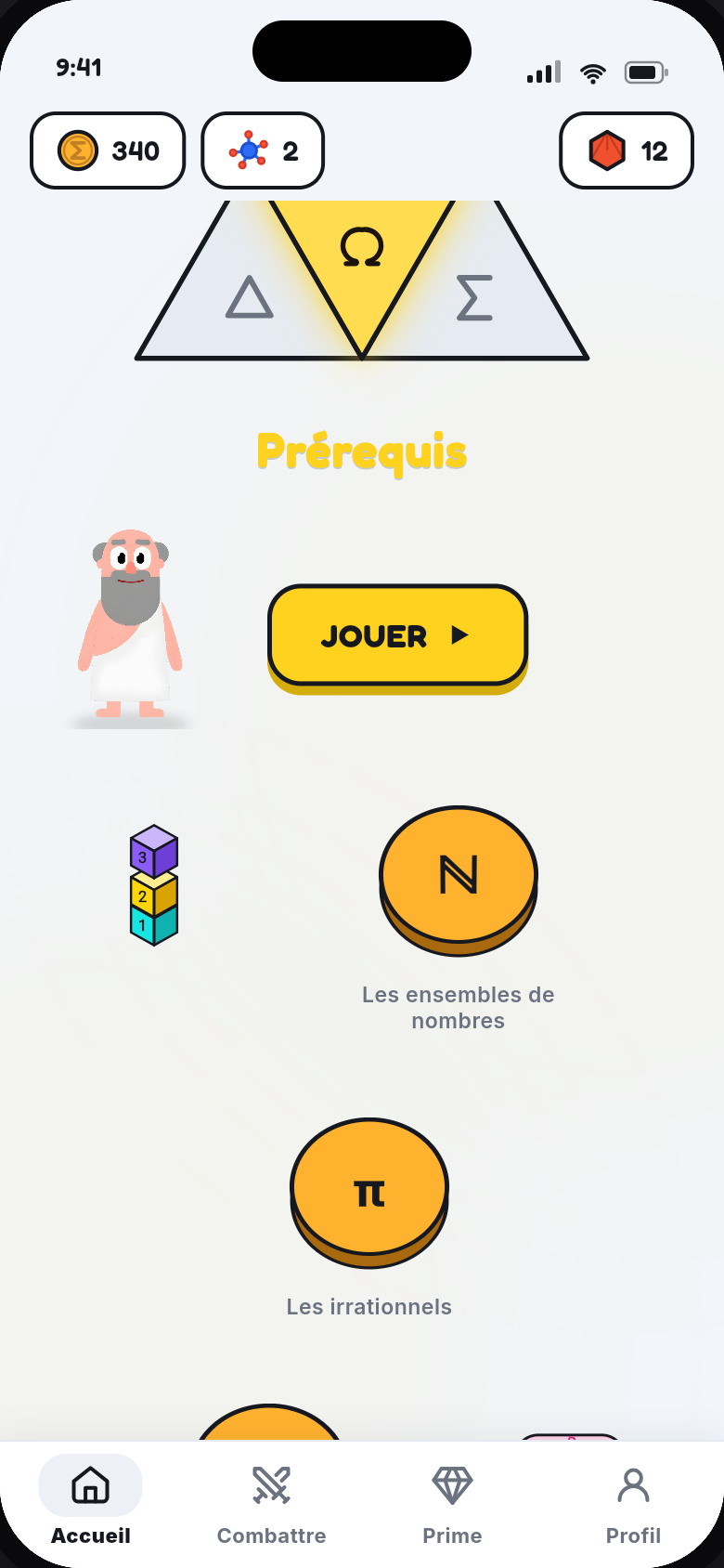 The AXIOM home screen: the four worlds in a triangle, then the zigzag map of levels.