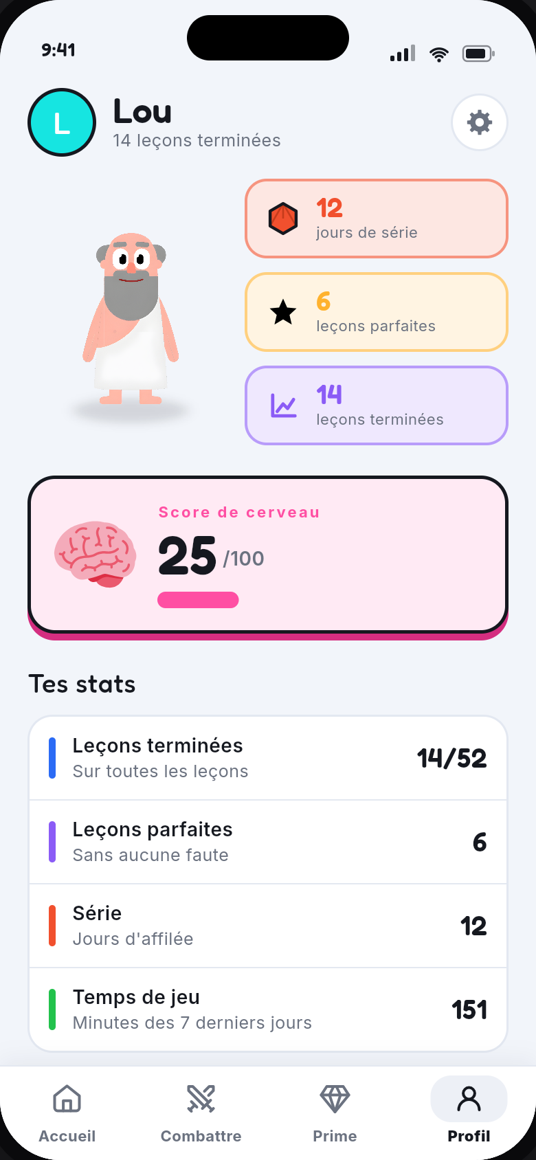 The AXIOM profile screen: current streak, trophies and progress stats.